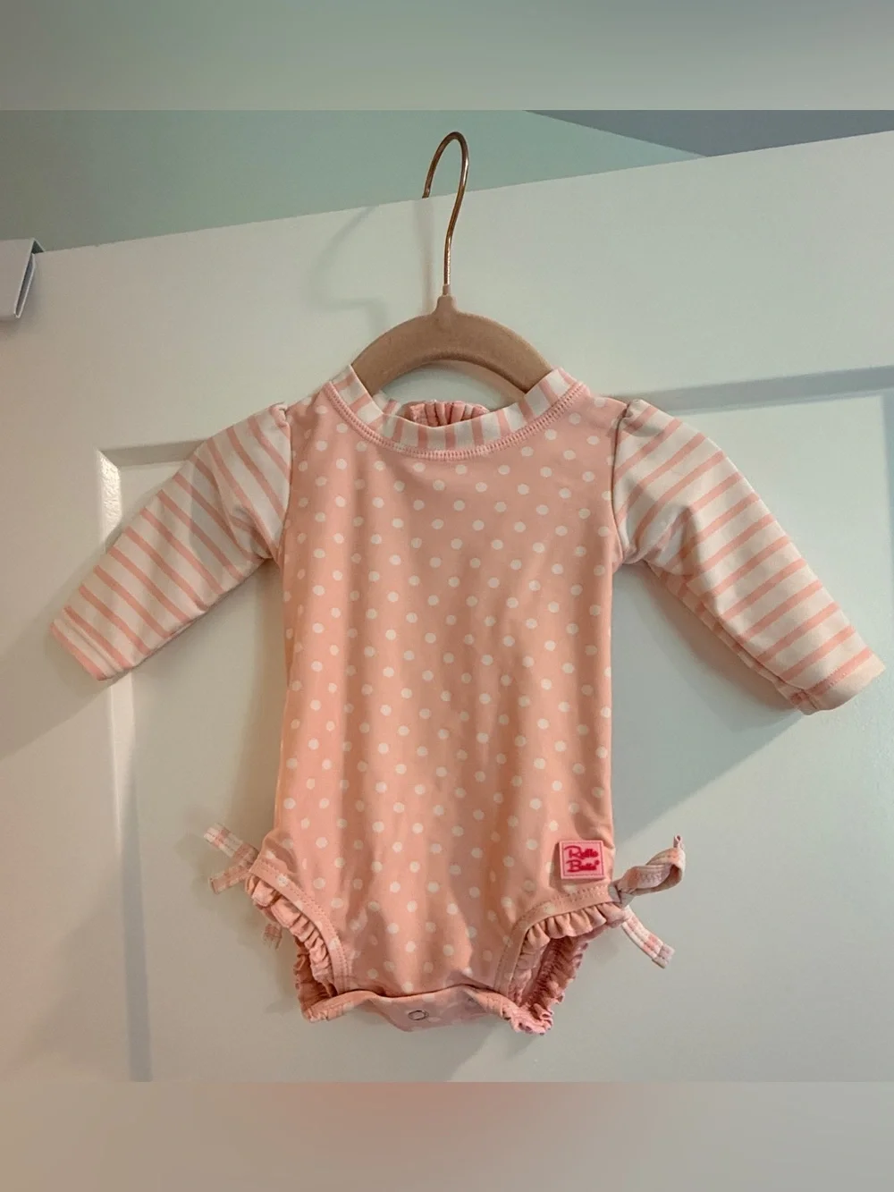 Ruffle Butts Pink Polka Dot Baby Girls' Long Sleeve Onesie Rash Guard swimsuit